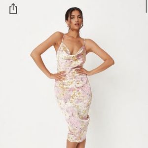 Pink Floral Print Satin Ruched Cowl Neck Mini Dress